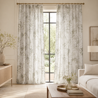Rideau semi-transparent gris argenté personnalisé avec motif de branche botanique et détails métalliques pour hôtels, villas et salons (vente en gros)