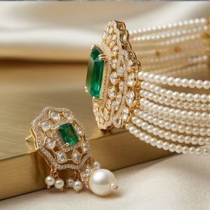 Royal 925 <b>Silver</b> Emerald Pearl <b>Choker</b> Necklace Set Designer Bridal Jewelry Elegant Earrings for Women Collection Bridal Wedding - Product Image 4