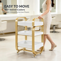 Chariot de Salon à 3 Niveaux Doré et Blanc, Chariot Roulant de Rangement pour Coiffure et Beauté avec Roues Universelles – Vente en Gros