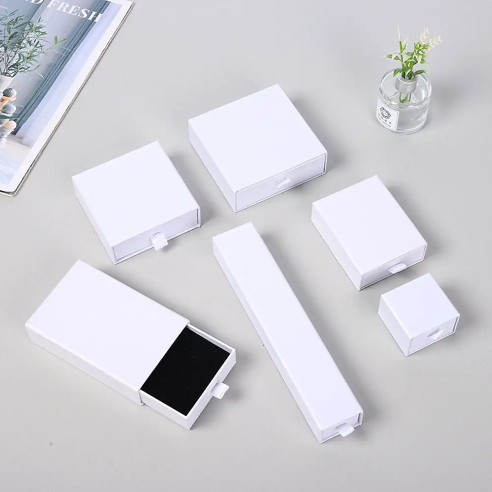 Cajas de joyería de cajón de embalaje de anillo de collar de pulsera de papel de cartón blanco de lujo