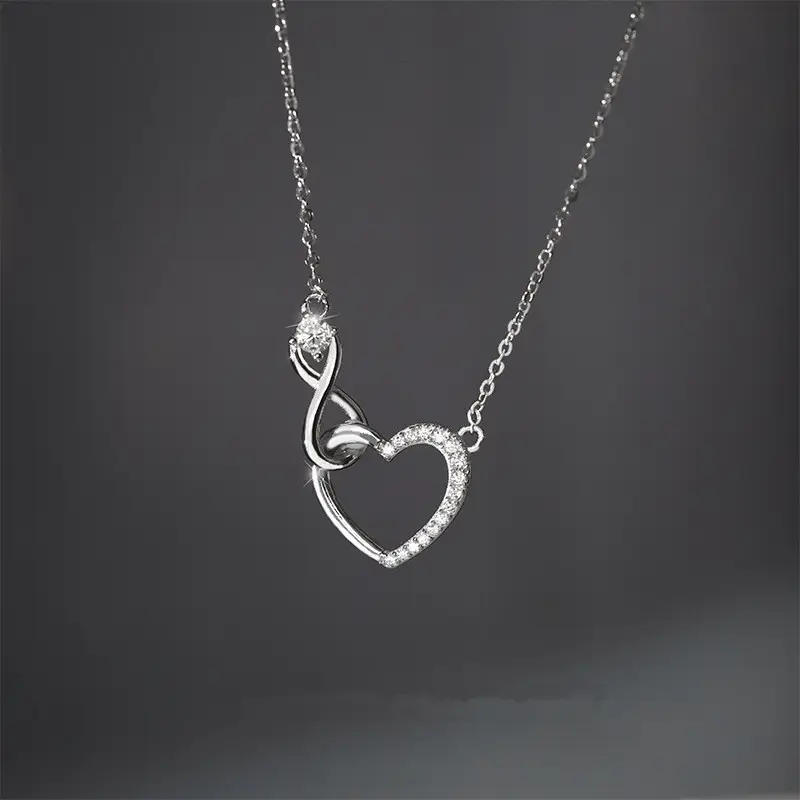 Elegant Beauty Delicate Cubic Zirconia Love Heart Choker Infinity Jewelry S925 Sterling Silver Necklace