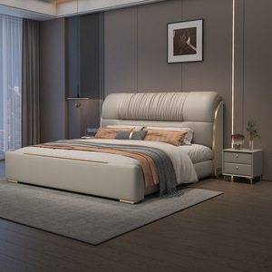 سرير فني جلدي فاخر خفيف حديث لغرفة النوم الرئيسية بسيط 2 متر سرير زفاف مزدوج عالي الجودة - Product Image 1