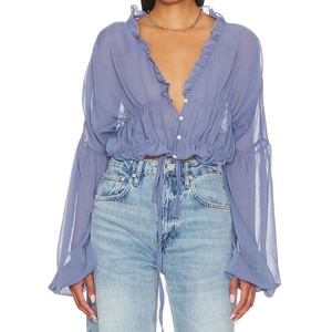Blusas Cortas de Gasa para Mujer con Cuello con Volantes y Dobladillo con Cordón, Diseño Personalizado de Moda de Verano - Product Image 4