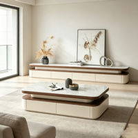 Ensemble table basse et meuble TV en pierre frittée, style minimaliste moderne, avec grands tiroirs de rangement et structure en bois, pour salon