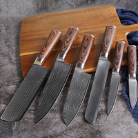 Ensemble de 6 couteaux de cuisine en acier Damas avec manches bimatières (acier inoxydable S430 et bois Pakka), ultra-affûtés et ambidextres