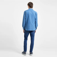 Kustom Logo pria klasik kemeja Denim kancing bawah kemeja Jeans biru Denim pria lengan panjang