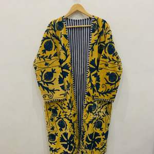 Bata de mujer con cuello en V, 100% algodón, reversible, con bordado floral azul, tipo kimono largo, con cinturón, para estar en casa, hecha a mano - Product Image 1