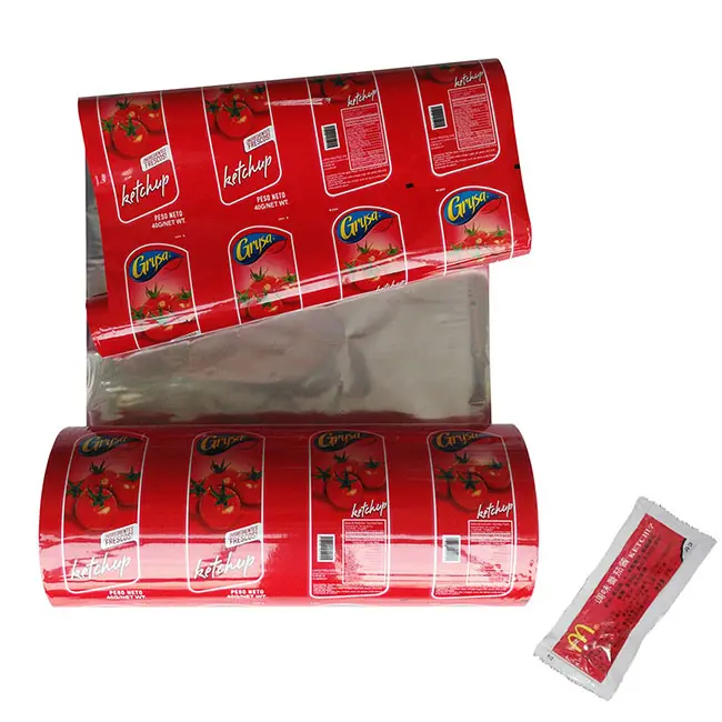 Aluminiumfolie Roll Film Bedrukte Voor Tomatenpuree Zakje 70G Sluitmachine