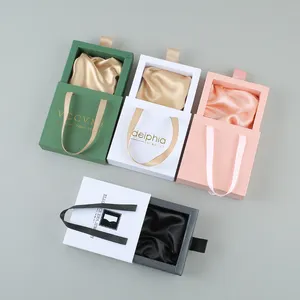 Cajón deslizante de papel rosa personalizado, embalaje de joyería de lujo, caja de regalo de papel deslizante bonita con asa para collar, paquete de joyería