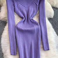 Robe moulante décontractée élégante pour femme à manches longues en maille côtelée, col rond, mi-longue, pour le quotidien