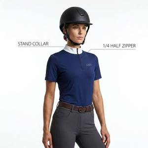 Women's <b>Short</b> <b>Sleeve</b> Equestrian Shirt Stand Collar Half Zipper Contrast White Collar Horse Riding Top Customizable - Product Image 1