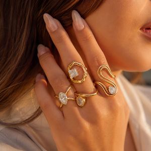 Women's 18K Gold <b>Plate</b> Stainless Steel <b>Rings</b> Modern Minimalist Lines Double-layer Hollow Geometric Large Zircon Open Gift - Product Image 3