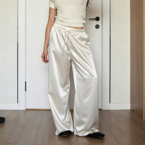 Lazy Style Basic Solid Color Elastic Drawstring <b>Tie</b> Silk Satin Casual Pants Home Wear Draped Versatile Straight Leg Long Pants - Product Image 2