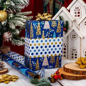 Reversible Christmas <b>Wrapping</b> <b>Paper</b> Blue Navy Tree Polka Dot Design 46.8 Sq Ft Roll Gift Craft Packaging - Product Image 4