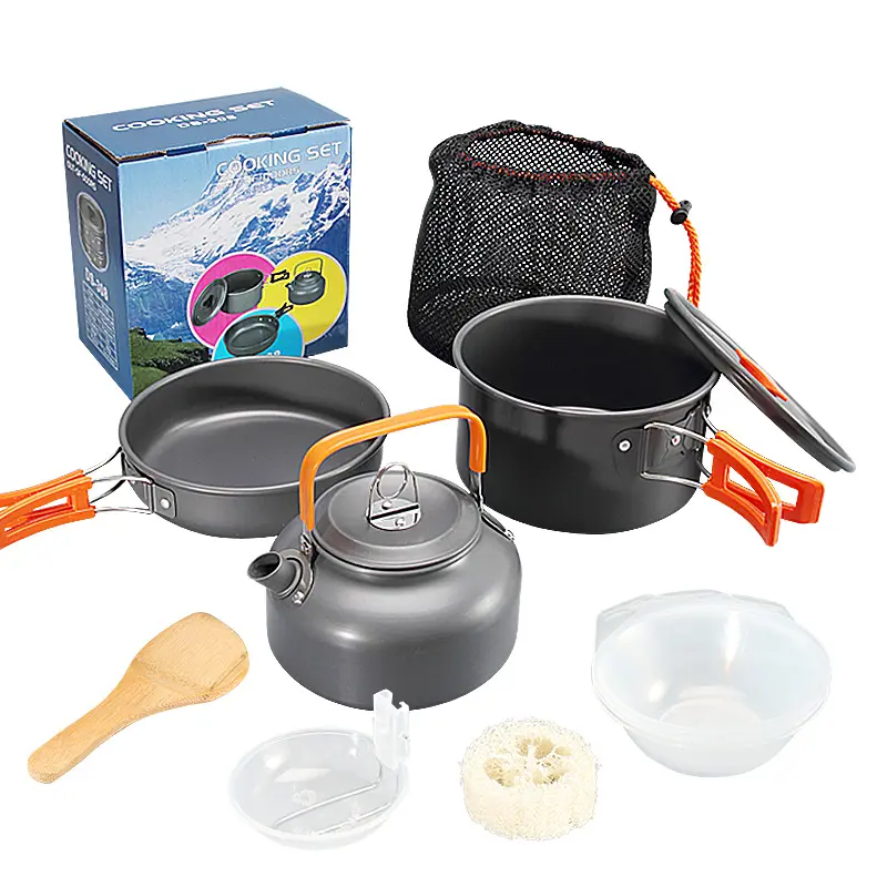 AJOTEQPT Outdoor DS-308 Pot Set Combination Alumina Portable Camping Pans With Mesh Set Bag For Backpacking, Hiking, Picnic