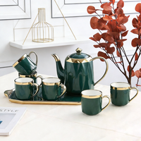 Ensemble de tasses à café en céramique avec bordure dorée de luxe, glaçure colorée, soucoupe en porcelaine, tasse à thé en céramique, cafetière en céramique avec plateau