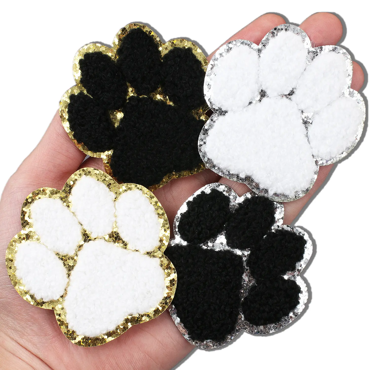 Iron on 6CM Dog Paw Shape Cute Chenille Patches Bulk Embroidery Silver Gold Self Adhesive Chenille Patch Bag for Hat Clothing