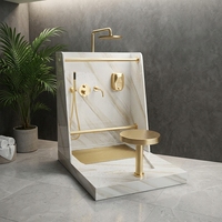 Station de Wudu en Surface Solide, Unité d'Ablution Musulmane, Veine de Marbre, avec Tabouret de Douche, Main courante, Bassin de Lavage des Pieds pour la Prière en Mosquée