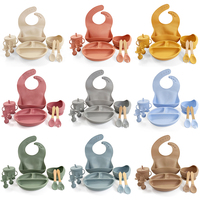 Ensemble repas bébé en silicone de qualité alimentaire résistant à la chaleur, bol et assiette, cuillère et fourchette à manche en bois, bavoir bébé taille ajustable