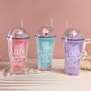 Bicchiere in Plastica Personalizzato con Coperchio e Cannuccia, Copertura Arcobaleno, Bicchieri a Doppia Parete per Bevande Fredde - Product Image 2