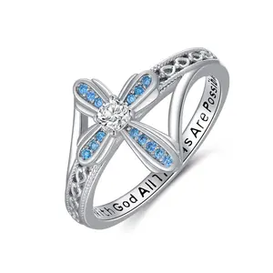 925 sterling silver cross women ring religious women jewelry blue zircon ring