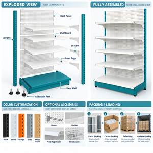 Étagère de présentation modulaire réglable à 5 niveaux, panneau perforé, simple face, en métal, blanc et bleu, pour magasin, commerce de détail et épicerie - Product Image 6