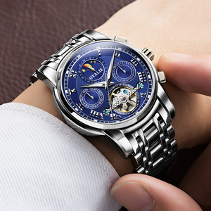 Montre chronographe automatique à six aiguilles avec phase de lune, engrenages bleus creux, tourbillon, montre mécanique pour homme, collection - Product Image 2