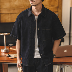 Camicia in denim preppy vintage stile americano da uomo, a maniche corte, estiva, streetwear, anti-piega, vestibilità ampia, lavaggio medio - Product Image 4