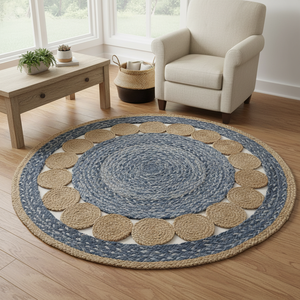 Modern Floral Tikki Rugs Denim Jute Border Eco-Friendly Non-Slip Anti-Bacteria <b>Machine</b> Made Braided Pattern Round Dirt Resistant - Product Image 3