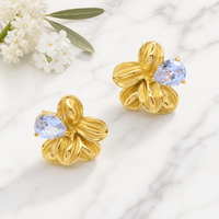 Anting-anting bunga berlapis emas 18k dari baja tahan karat dengan kristal potongan pir, antialergi, perhiasan modis untuk wanita, cocok untuk pemakaian sehari-hari