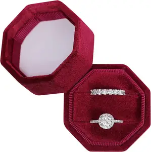 Red Jewelry Box Velvet Vintage 2 or 3 Slot Ring Gift Organizer Hexagon Ring Boxes for Proposal Wedding Ceremony