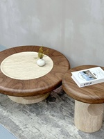 Nouveau modèle 2026 : Ensemble de tables basses en travertin de style médiéval, en bois massif, aspect vintage haut de gamme pour petit salon