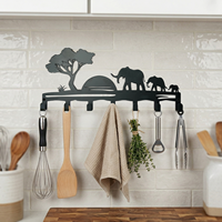 Porte-clés mural en métal, motif famille d'éléphants de la savane africaine au coucher du soleil, pour entrée, clés, chapeaux, sacs, décoration murale pour la maison
