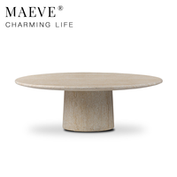 Table basse ronde en marbre beige de luxe, table centrale sur piétement, style nordique minimaliste, mobilier d'extérieur et d'intérieur