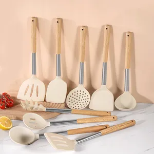 Manjia Tay Cầm Bằng Gỗ Đồ Dùng Nhà Bếp Cocina Không Dính Phụ Kiện Silicone Nấu Ăn Nhà Bếp Đồ Dùng Thiết Lập Công Cụ