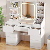 Coiffeuse avec 3 étagères de rangement avec miroir lumineux coloré Bureau de maquillage Table de coiffeuse Coiffeuse de beauté pour chambre à coucher