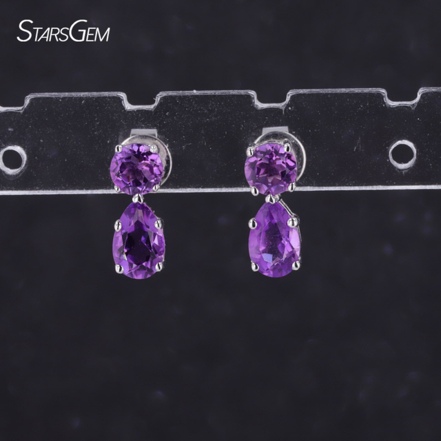 China Wholesale Starsgem Luxury Engagement 925 Sterling Silver Gold Natural Amethyst Stud Earrings Pear Shape Party Gift Jewelry