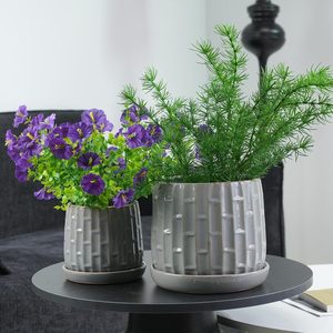 Pots de plantes en céramique avec soucoupe, 6 à 8 pouces, gris glacé, texture bambou, utilisation intérieure et extérieure - Product Image 6