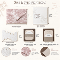 Ensemble d'invitations de mariage de luxe personnalisées rose poudré gaufré avec pochette, enveloppe, doublure et sceau de cire – Vente en gros, faible MOQ