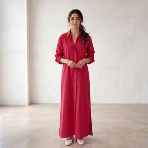 Handmade Red Plain Linen 3/4 <b>Sleeve</b> Button Down Shirt <b>Dress</b> Loose Fit Elastic Waist Turn Down Collar Casual <b>Summer</b> <b>Maxi</b> <b>Dress</b> - Product Image 1