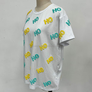 OEM Custom <strong>Xmas</strong> Sequin and Beads Embroidery HOHO Casual Cotton <strong>Tops</strong> Short Sleeve Crew Neck Oversize Text White T-Shirt <strong>for</strong> <strong>Women</strong> - Product Image 1