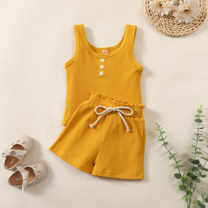 Conjunto de Ropa para Recién Nacido, Camiseta sin Mangas con Botones de Algodón Sólido + Pantalones Cortos Holgados, Conjunto de Ropa de Verano de 2 Piezas para Bebés y Niñas - Product Image 5