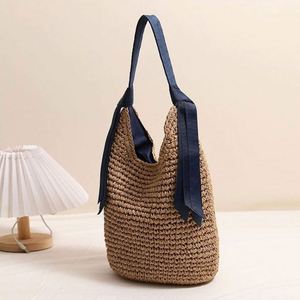 Summer Fashion <b>Ribbon</b> Shoulder Straw Bag New Large Capacity Solid Color Woven Bag Seaside Travel Beach Bag - Product Image 3