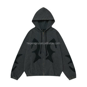 Manteau à capuche rétro en denim lavé pastel avec broderie à franges-430g Sweat à capuche de marque à la mode lourd pour hommes - Product Image 1