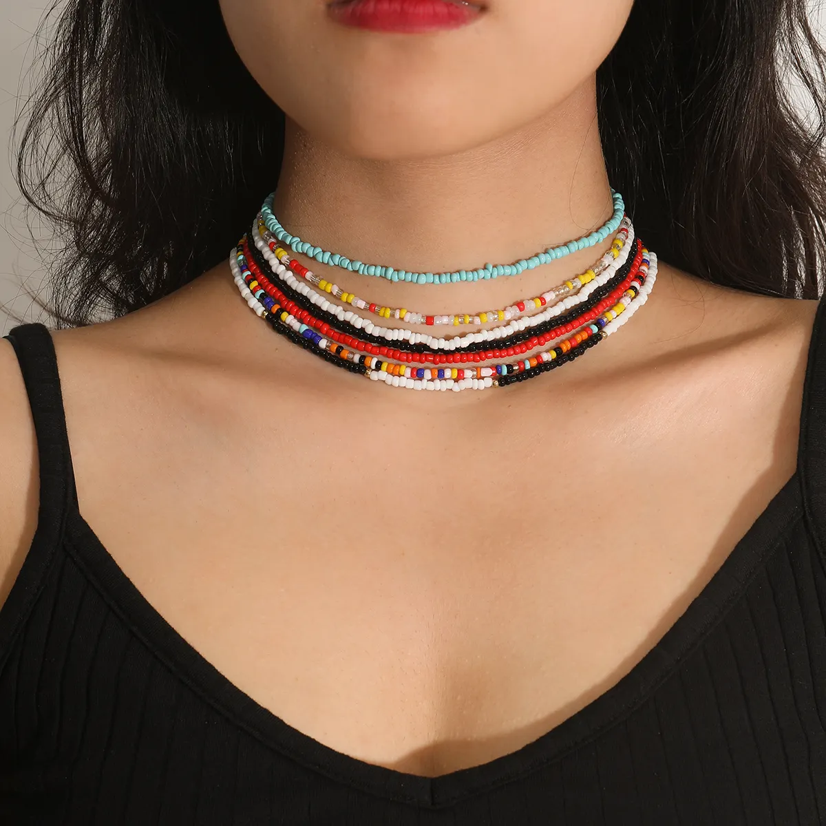 SHIXIN Bohemia African Necklace Handmade Jewelry Colorful Rice Bead Necklace Mix Color Layered Necklace for Women Africa Jewelry