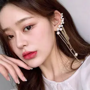 New Style Korean Pearl Asymmetry Drop Ear Bone Clip Diamond Earrings for Women Long Tassel Earrings