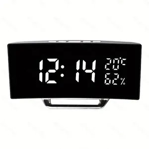 LED Curved Alarm Clock Time Memory Snooze Function Temperature And Humidity Clock Night Mode Brightness Adjustable