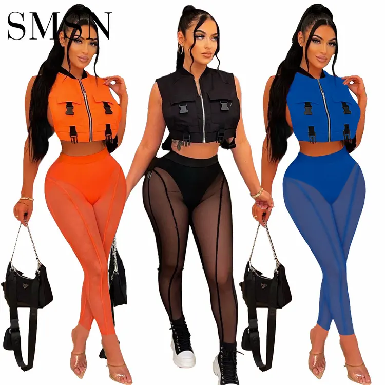 Outfits new women new summer vest personality breasted + mesh commuting 2 piece set two piece set women clothing