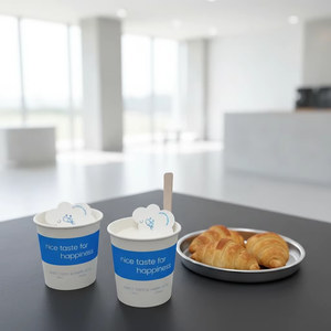 Vasos de papel desechables de pared simple de 4oz y 60mm para helado, impermeables, de pulpa de madera, con diseño de nube azul y blanca, para pedidos al por mayor, con cuchara para postres congelados - Product Image 5