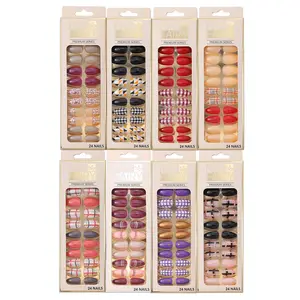 Foretrend Wholesale Plaid Design Almond Press on Nails for Women Easy Apply&Remove Salon Effect